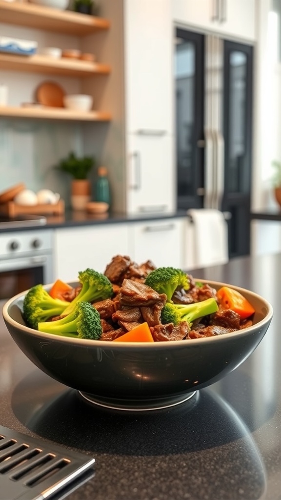 A bowl of beef stir-fry with broccoli and carrots, ready to be served.