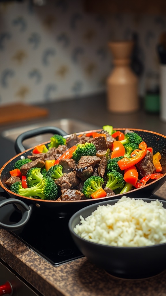 A colorful beef stir-fry with broccoli and bell peppers served with a side of rice.