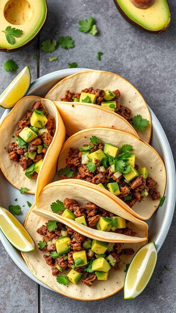 A plate of beef tacos topped with avocado salsa and garnished with lime wedges and cilantro.