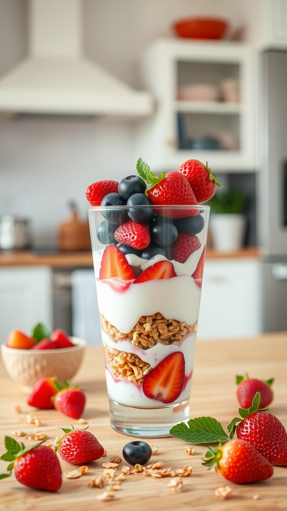 A delicious berry yogurt parfait layered with yogurt, granola, and fresh berries.