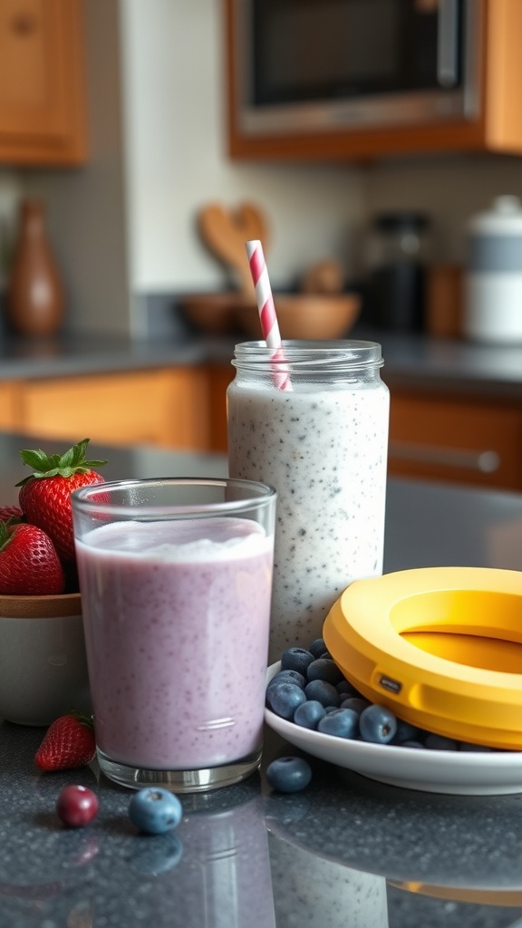 Two smoothies in glasses, one berry-flavored and one creamy, with fresh fruits in the background.