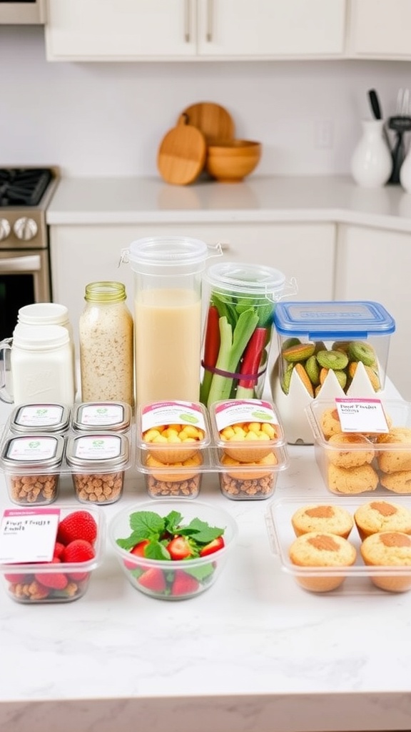 Organized meal prep containers with fruits, nuts, and baked goods for quick breakfast options.