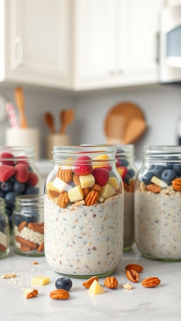 A variety of overnight oats prepared in jars with fruits and nuts on top.