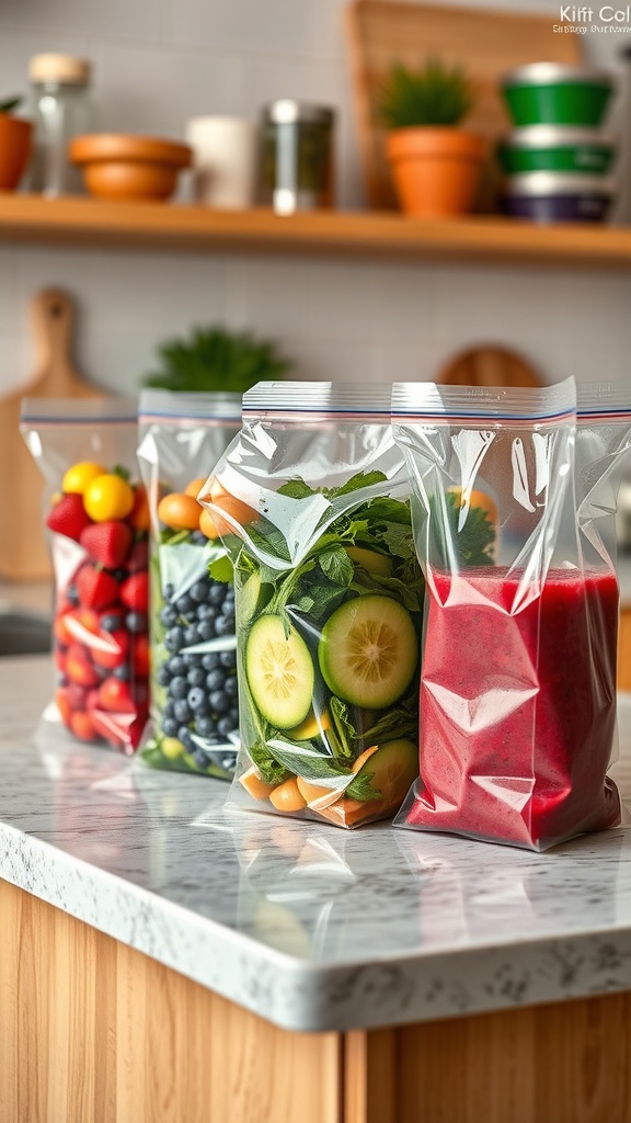 Colorful smoothie packs filled with fruits and greens, ready for blending.