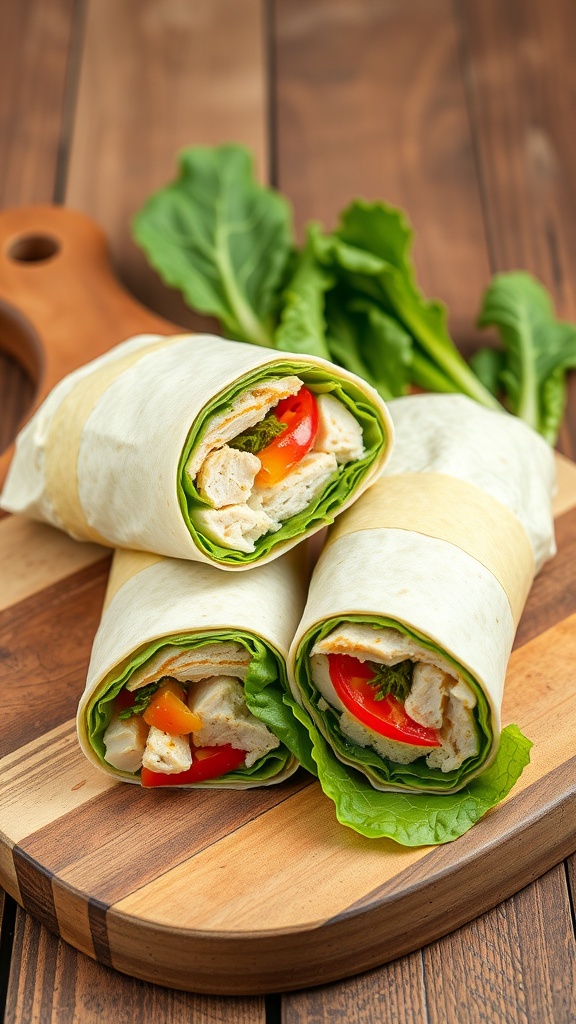 Three chicken Caesar wraps on a wooden cutting board with lettuce in the background.