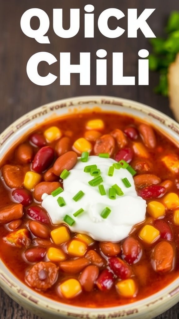 A bowl of quick chili with beans, corn, and toppings.