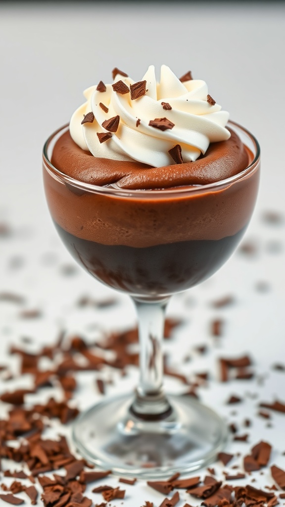 A glass of chocolate mousse topped with whipped cream and chocolate shavings.