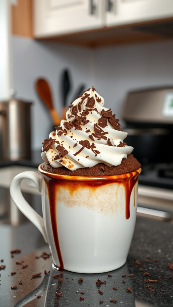 A delicious quick chocolate mug cake topped with whipped cream and chocolate shavings.
