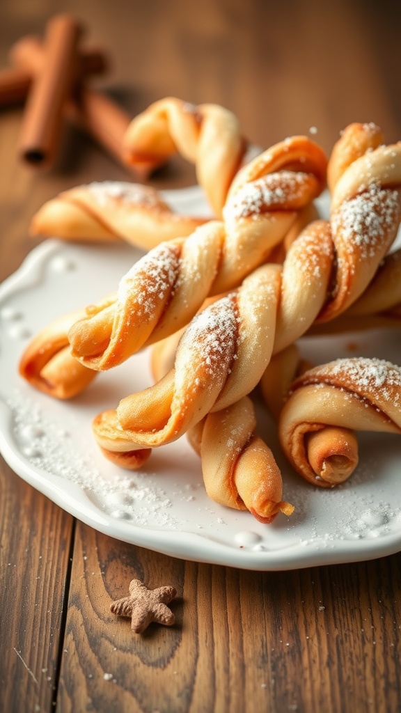 Cinnamon sugar puff pastry twists on a plate