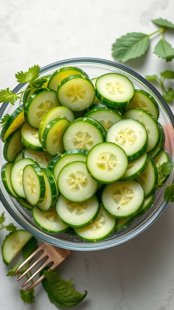 A bowl of sliced cucumbers garnished with fresh herbs.