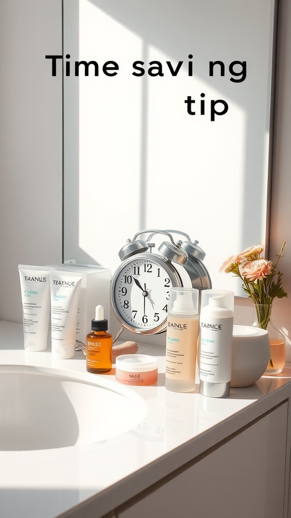 A bright bathroom counter with various skincare products, a clock, and a vase of flowers.