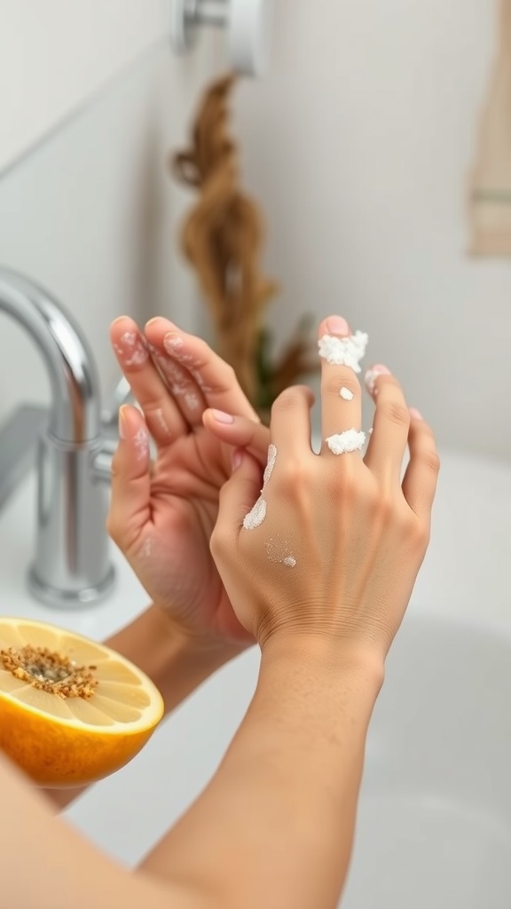 A person applying an exfoliating scrub to their hand