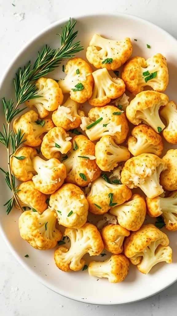 A plate of roasted cauliflower florets garnished with herbs
