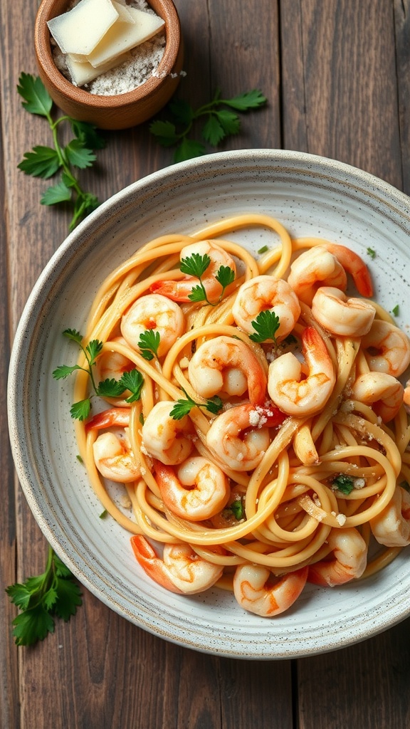 A plate of garlic shrimp pasta garnished with parsley and served with cheese