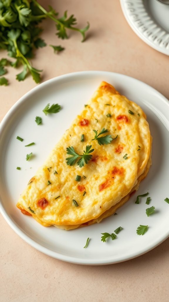 A delicious herb omelette garnished with fresh parsley on a white plate.