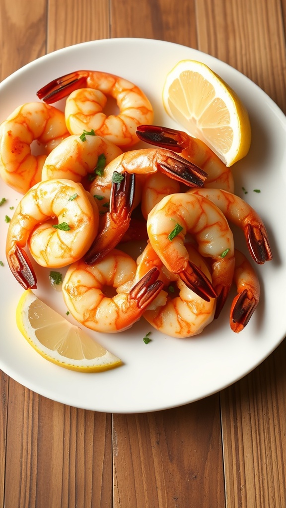 A plate of lemon garlic shrimp garnished with parsley and lemon wedges