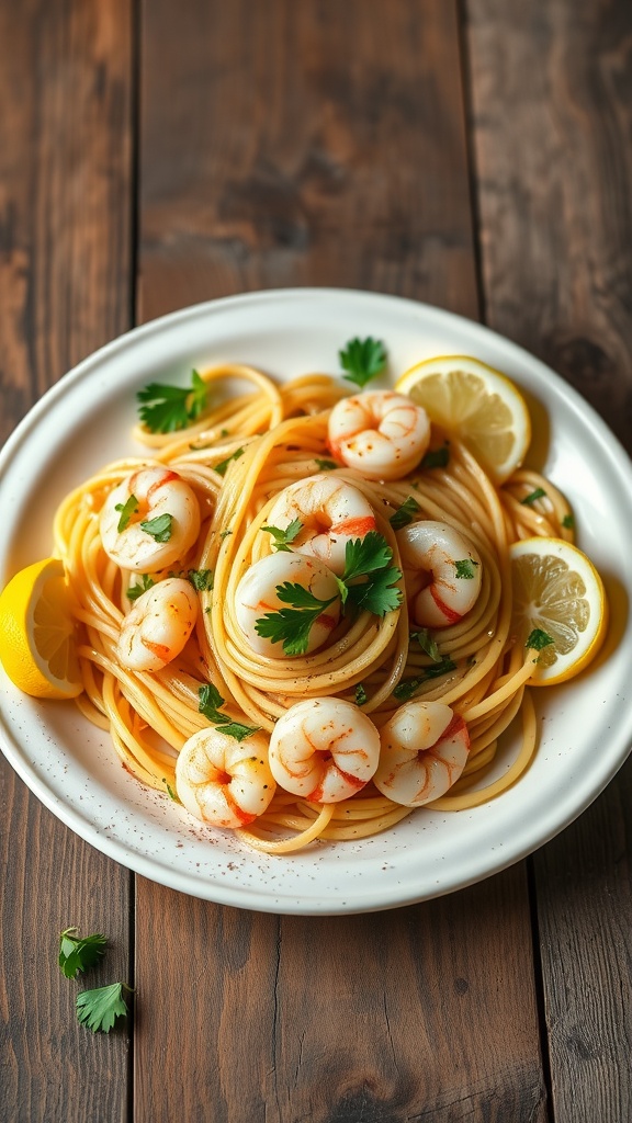 A plate of lemon garlic shrimp pasta garnished with parsley and lemon slices on a wooden table.