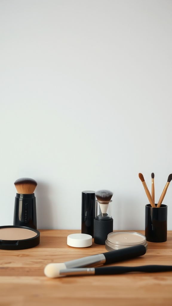 A clean and organized makeup setup with brushes and products on a wooden surface.
