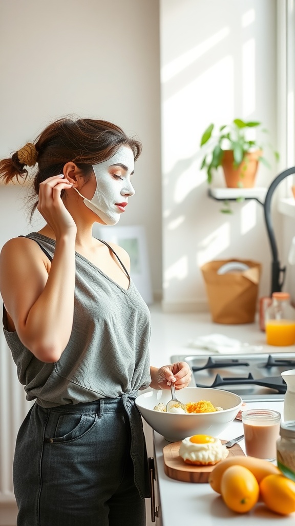 A woman with a facial mask on, preparing food in a bright kitchen.