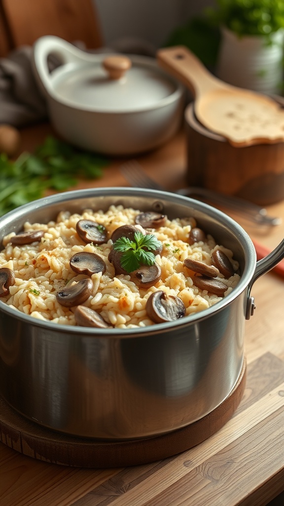A pot of creamy mushroom risotto garnished with parsley