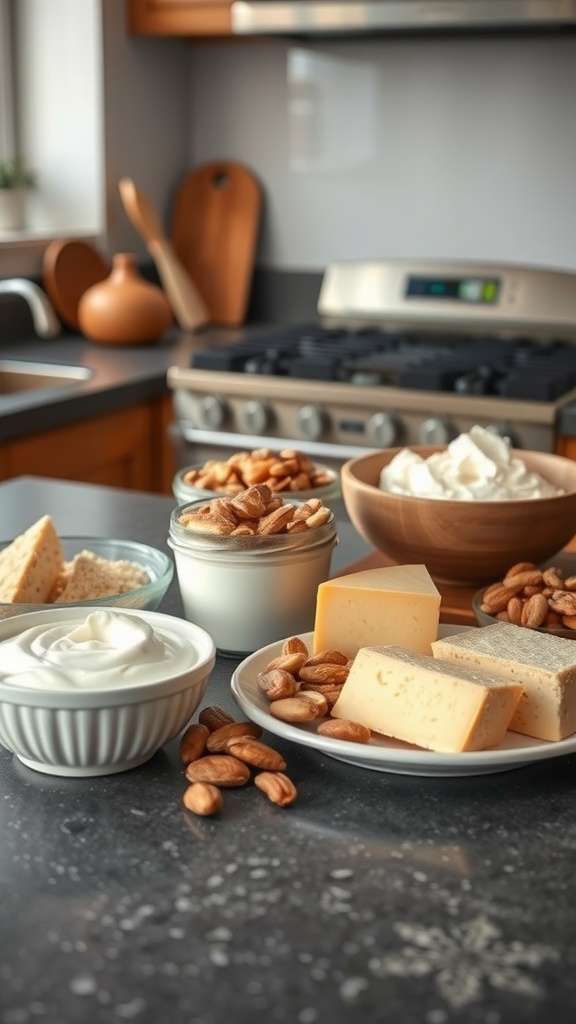 A variety of protein-packed snacks including yogurt, cheese, and nuts on a kitchen counter.