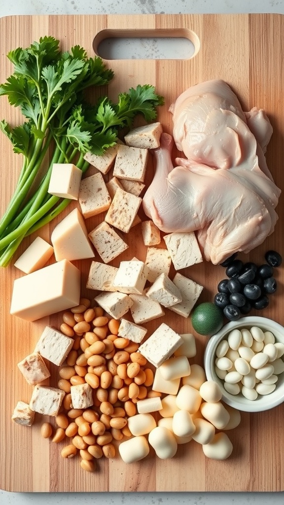 A wooden cutting board with chicken, tofu, beans, cheese, cilantro, and green onions arranged for meal prep.