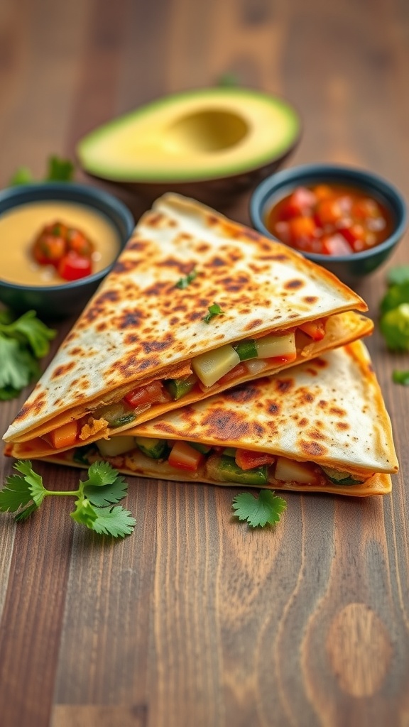 Delicious quesadillas filled with cheese, veggies, and avocado on a wooden table.