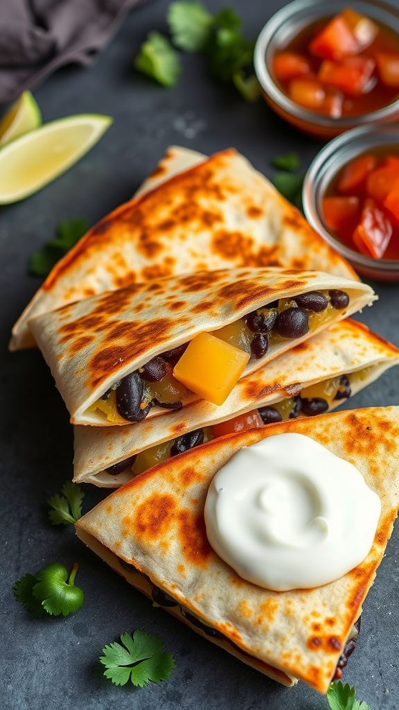 Delicious quesadillas filled with black beans and cheese, served with sour cream and salsa.