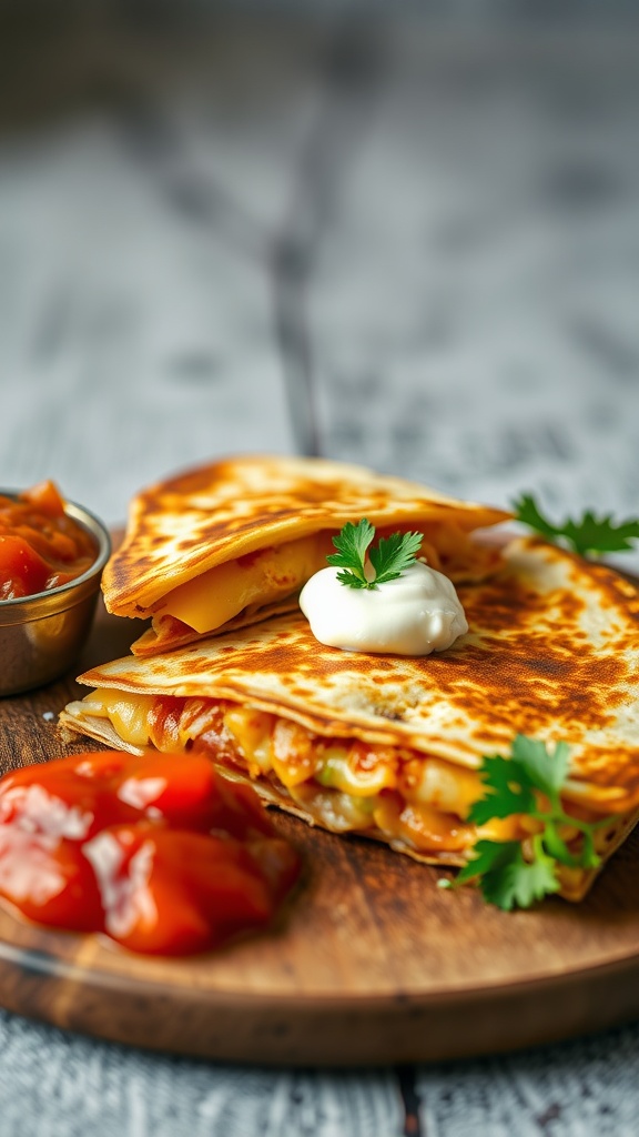 Delicious cheese quesadillas served with salsa and a dollop of sour cream.