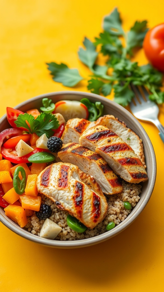A vibrant quinoa bowl filled with grilled chicken, colorful vegetables, and garnished with parsley, served on a bright yellow background.
