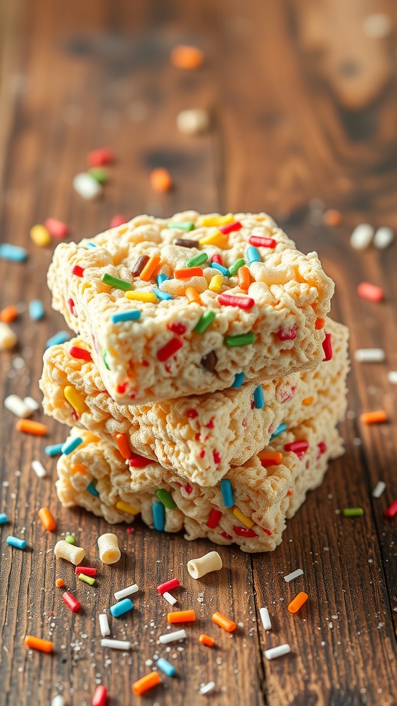Stack of colorful Rice Krispie Treats with sprinkles