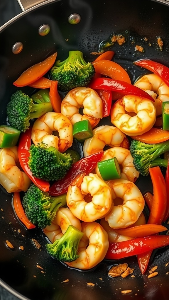 A colorful shrimp stir-fry in a frying pan with shrimp, broccoli, and bell peppers.