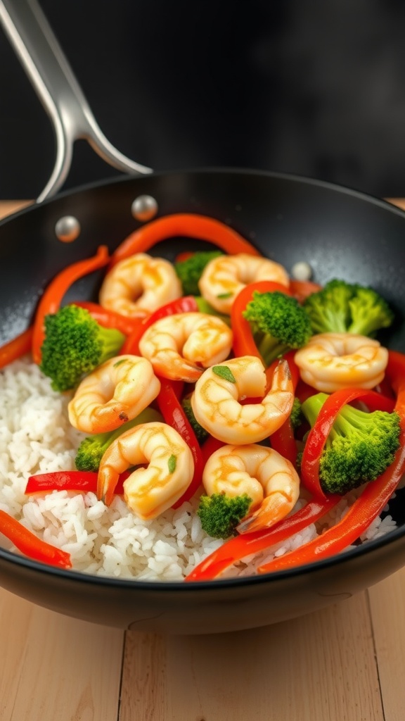 A colorful shrimp stir-fry with broccoli and red bell peppers served over rice in a black bowl.