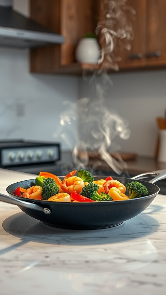 A delicious shrimp stir-fry with broccoli and bell peppers, steaming in a skillet.