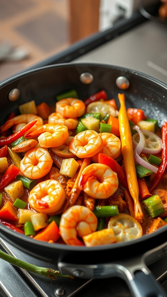 A colorful shrimp stir-fry with vibrant vegetables.