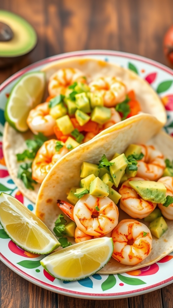 Shrimp tacos with avocado salsa, garnished with lime and cilantro.