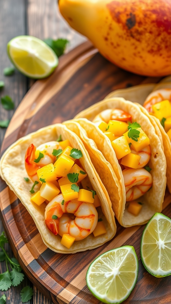 Delicious shrimp tacos with mango salsa and lime wedges