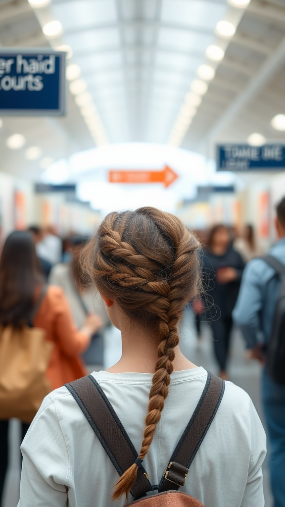 A woman from the back with a side braid, in a busy environment