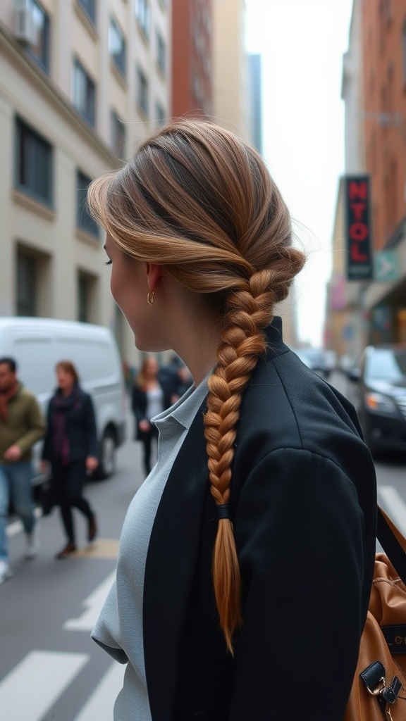 A woman with a side braid walking in a city street, showcasing an effortless hairstyle.