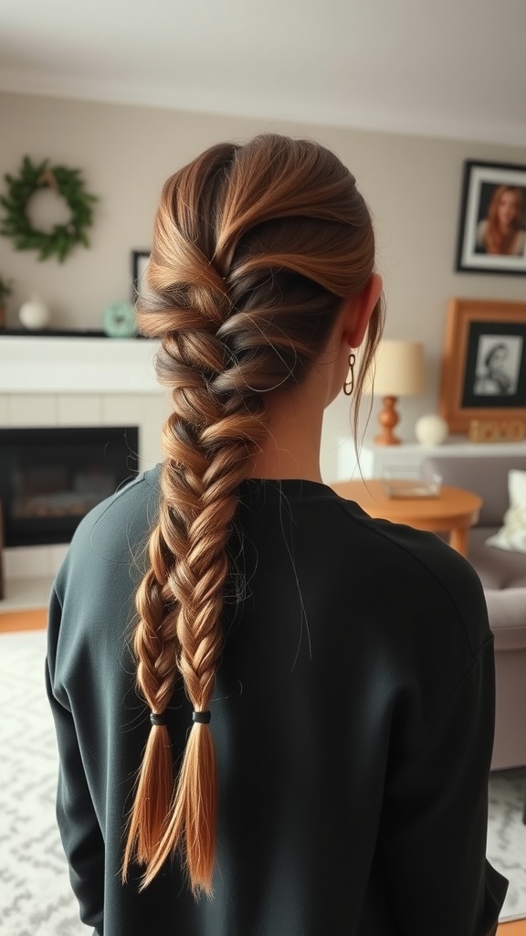 A woman with a neat side braid hairstyle, showcasing a casual yet stylish look.