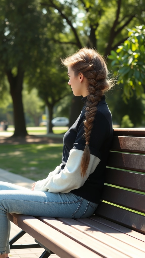 A young woman with a side braid sitting on a bench in a park