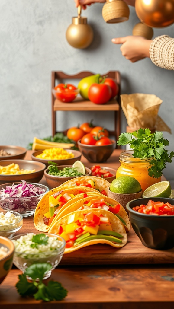 A colorful taco bar setup with various toppings and ingredients for making tacos.
