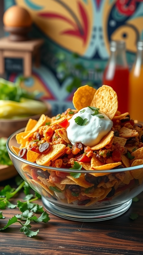 A colorful bowl of taco salad with tortilla chips, beans, tomatoes, and avocado.