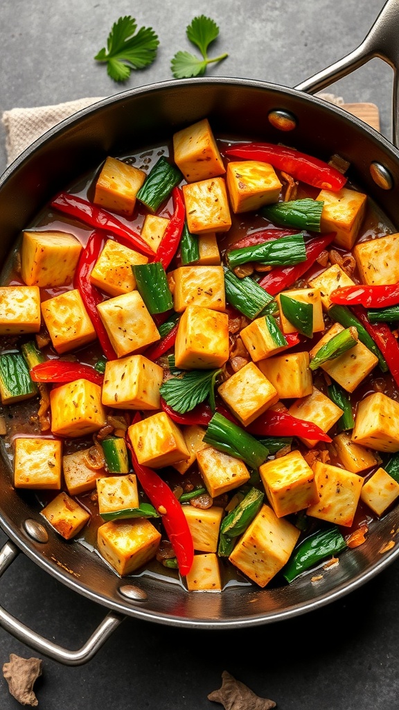 A colorful tofu stir-fry with tofu cubes, red and green bell peppers, and green onions in a pan.