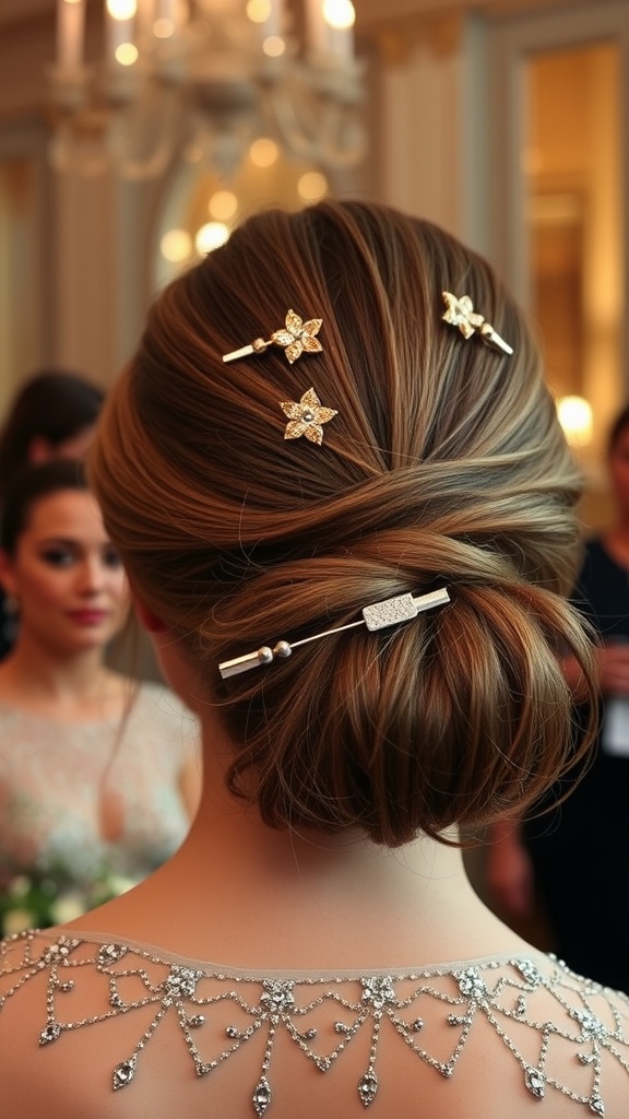 Elegant updo hairstyle secured with decorative hairpins, showcasing a sleek look perfect for special occasions.