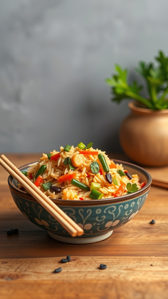 A bowl of vegetable fried rice with chopsticks, featuring colorful vegetables and a plant in the background.