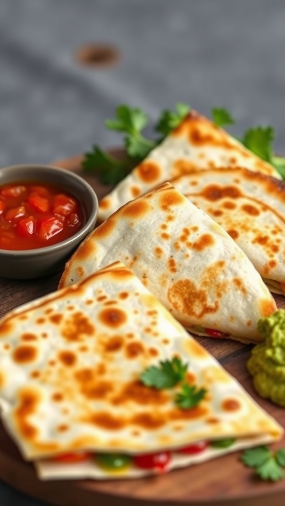 Vegetable quesadillas served on a wooden platter with salsa on the side.
