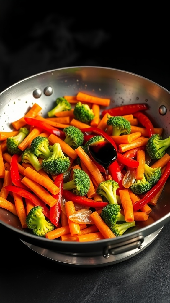 A vibrant stir-fry featuring a mix of colorful vegetables including broccoli, carrots, and bell peppers.