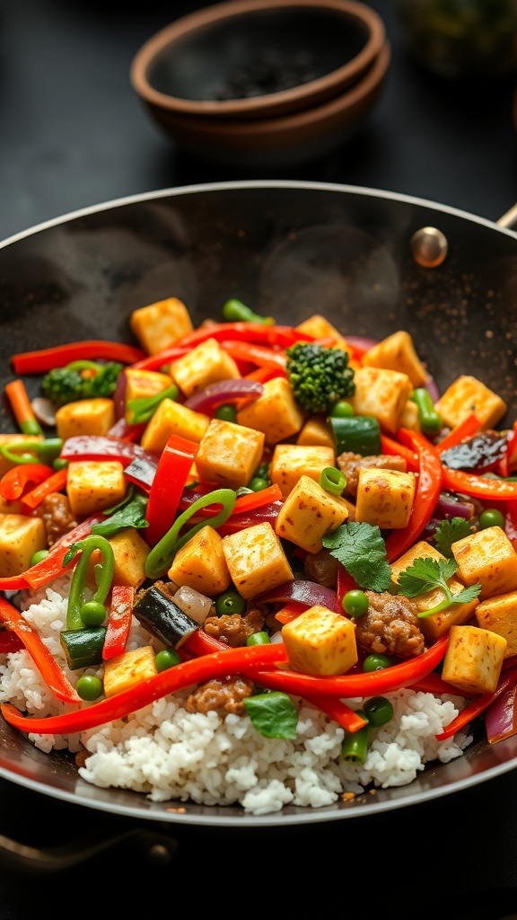 A colorful veggie stir-fry with tofu served over rice.