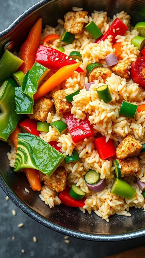 A colorful bowl of veggie stir-fry with rice featuring bell peppers, green beans, and broccoli.